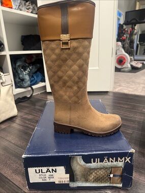 Ulan Beige Quilted Leather-Trim rain boot
